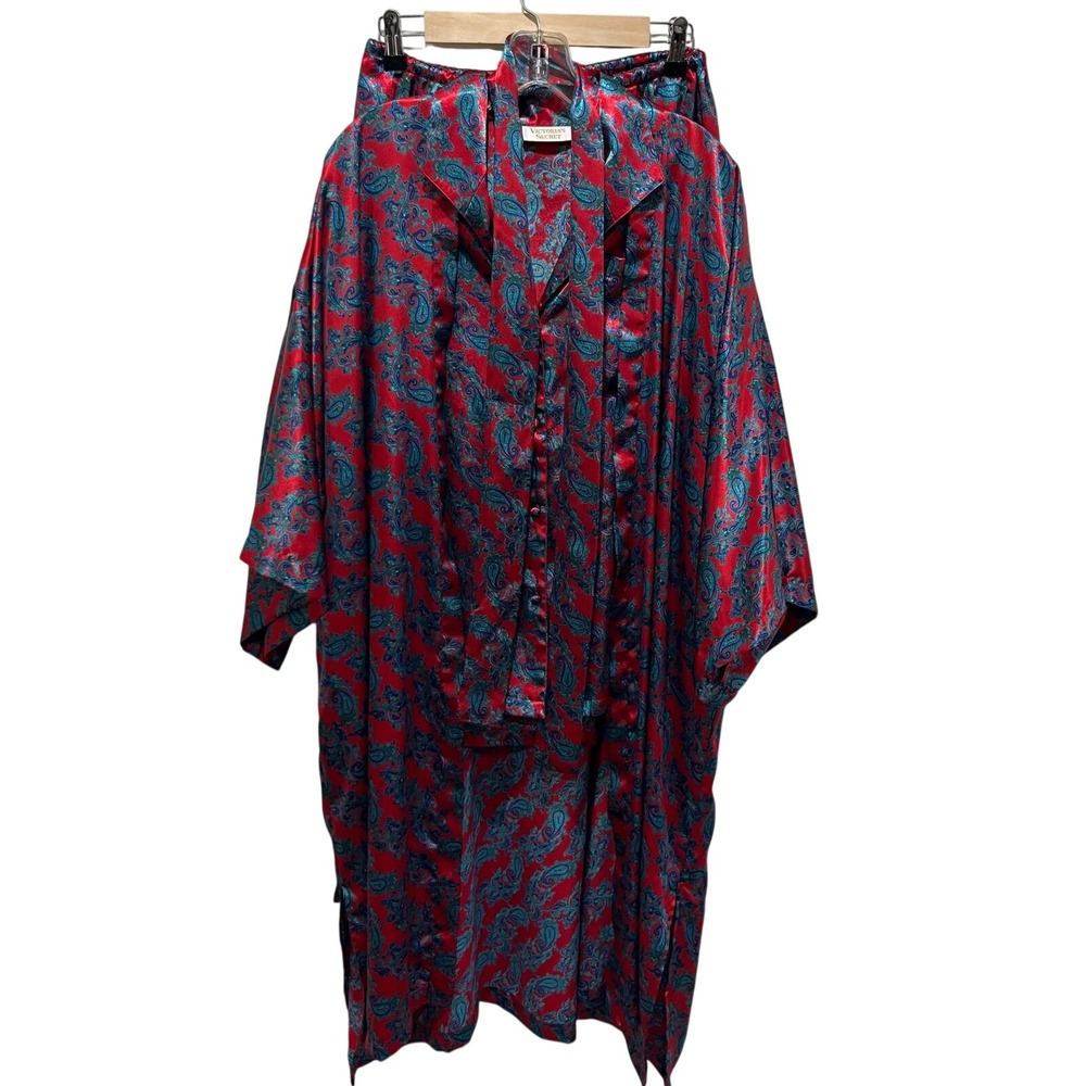 Vtg Victorias Secret Pajama Set Women P Paisley Satin 3 Piece Robe 90s Old Money